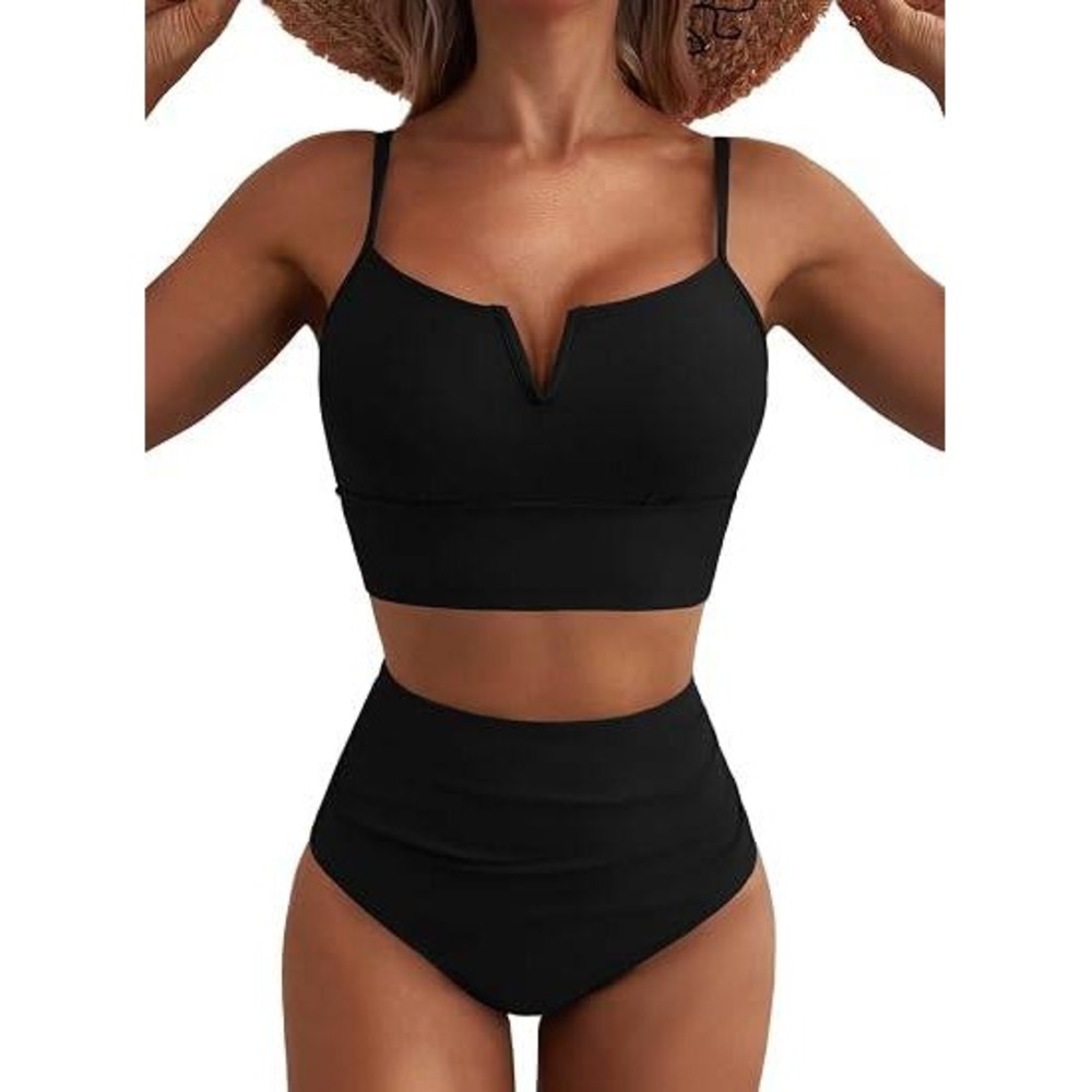 MSRP $35 Herseas Women's M Black Two Piece Swimsuits High Waisted Bikini